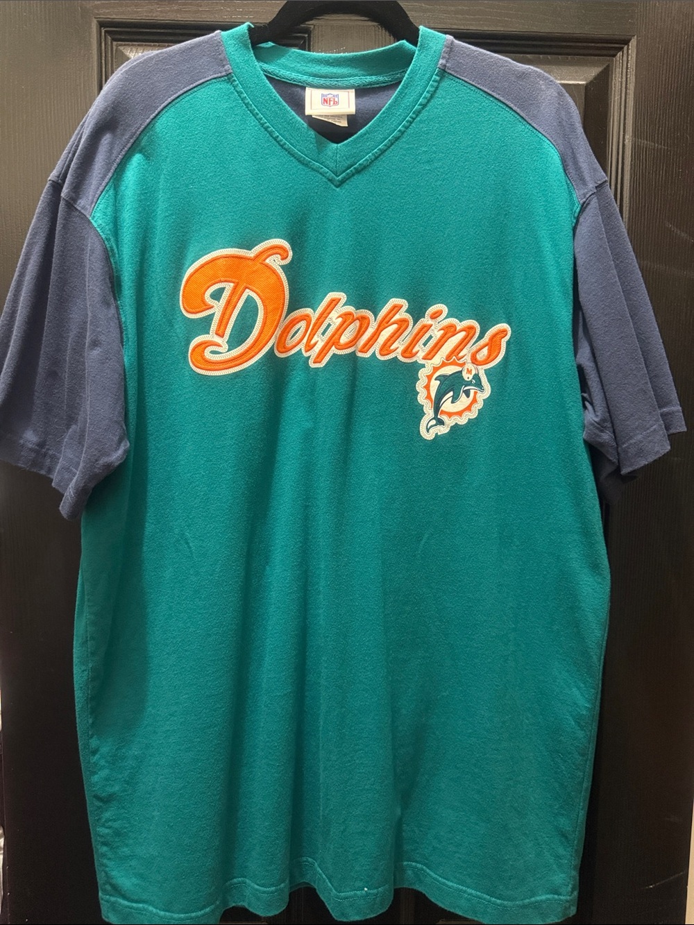 Vintage NFL Dolphins Teal & Navy Raglan Script Tee with Orange Accents